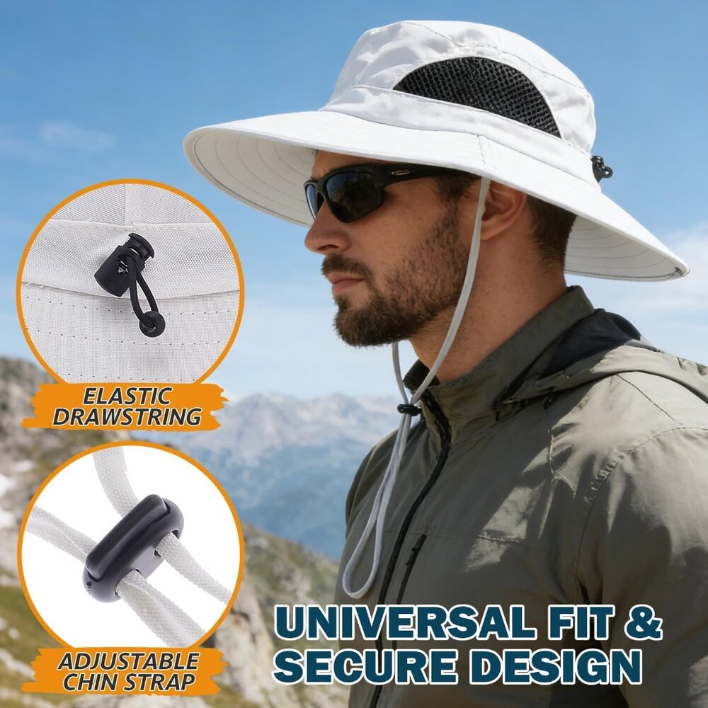 Unisex White 100% Polyester Wide Brim Mesh Vents With Chin Strap Fishing Sun Hat - Picture 4 of 7